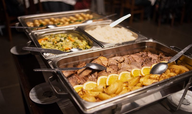 Buffet chafing dishes with hot food